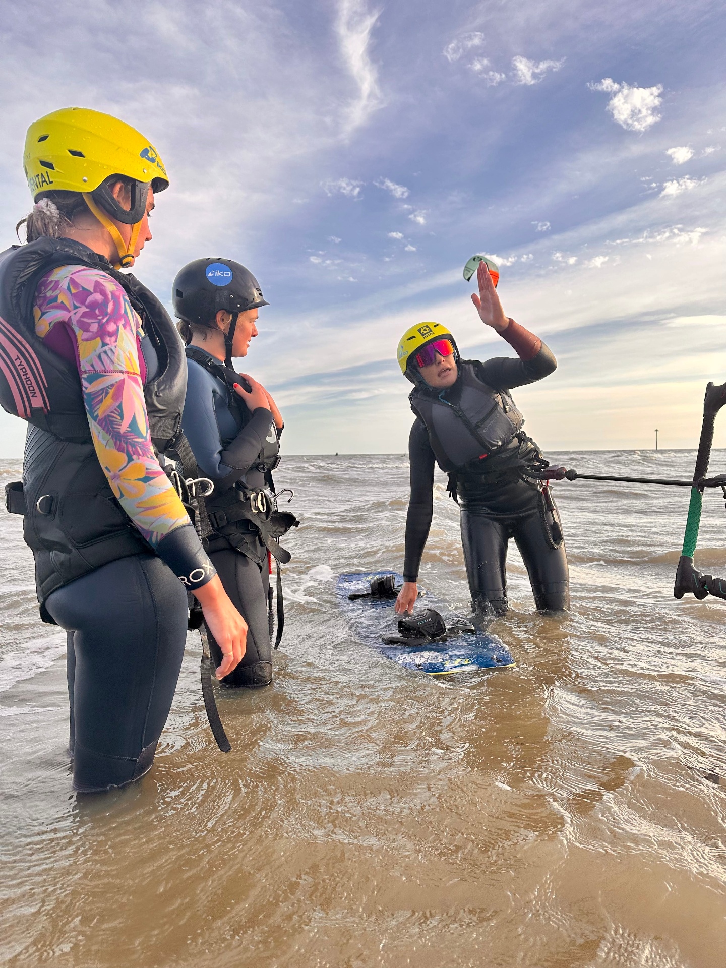 Kitesurfing student body dragging in the water off the Essex coast